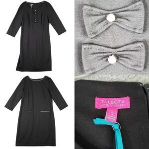 Talbots Dress Sheath Womens Size 12 Black Long Sleeve Bow Midi New